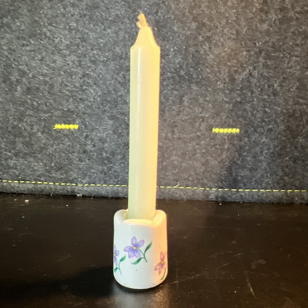 Russ Berrie Mini Candle Holder Porcelain Purple‎ Flowers With Candle Vtg